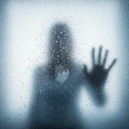 A blurred human silhouette stands behind rain-speckled glass, with one hand raised and fingers spread. Sharp water droplets obscure the face, body, and background.