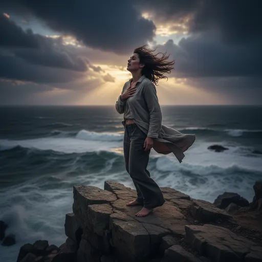 A barefoot woman stands on a rocky cliff above stormy ocean waves, one hand on her chest as wind blows her hair and clothing. Dark clouds and warm sunbeams fill the dramatic sky behind her.