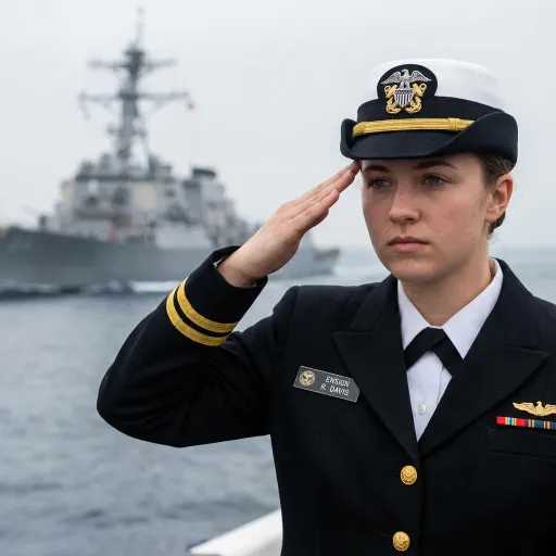 A female-presenting naval officer in dress uniform salutes in the foreground, wearing a cap and a nameplate reading "ENSIGN R. DAVIS". A blurred gray ship and water are behind her under an overcast sky.