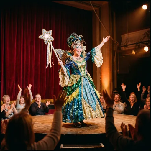 A sparkling theatrical performer stands on a wooden stage, holding a star-topped wand and raising one arm while audience members clap and raise their hands around them. Red curtains and warm stage lights frame the scene.