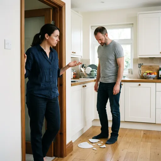 A woman stands in a kitchen doorway with a stern, questioning expression and an open-handed gesture while a man looks down at broken plate pieces on the floor near his feet.