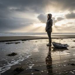 A person in rain gear stands still on a wet beach beside a collapsed umbrella. Sunlight breaks through heavy clouds over the ocean, reflecting on the shallow water and sand.